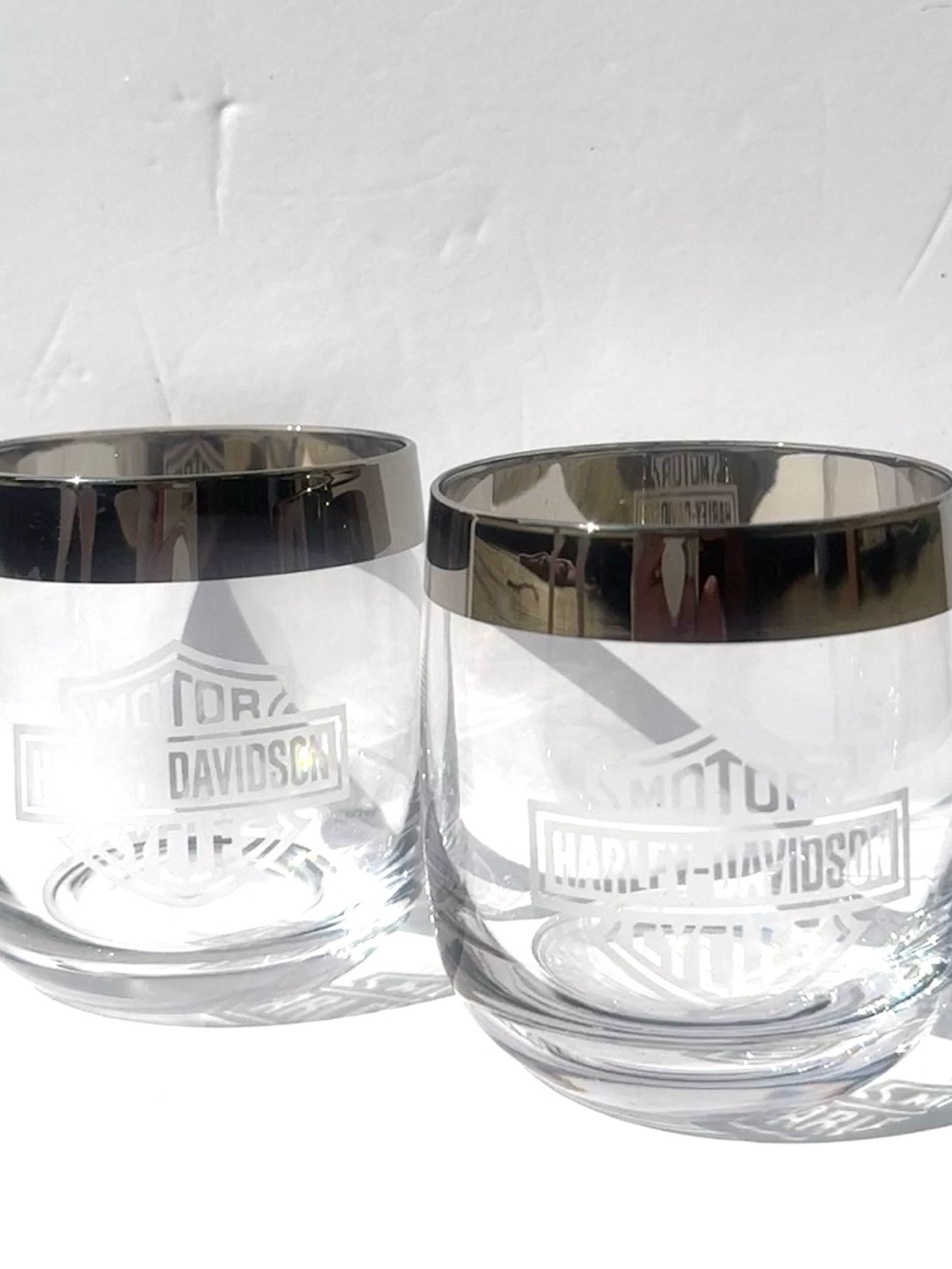Harley-Davidson etched Silver Rim Rock Cocktail  highball whiskey glass set 2